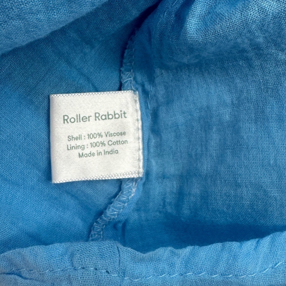 Roller Rabbit Blue Ruffle Wrap Dress Women’s Sz Large Short Sleeve Mini Pockets - Picture 12 of 14